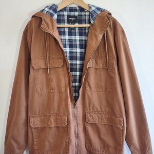 Forever 21 Men's Cargo Utility Chore Jacket Hood Flannel Lined  Size XL